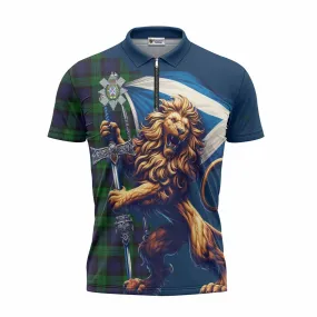 Black Watch Tartan Family Crest Zipper Polo Shirt with Scottish Majestic Lion