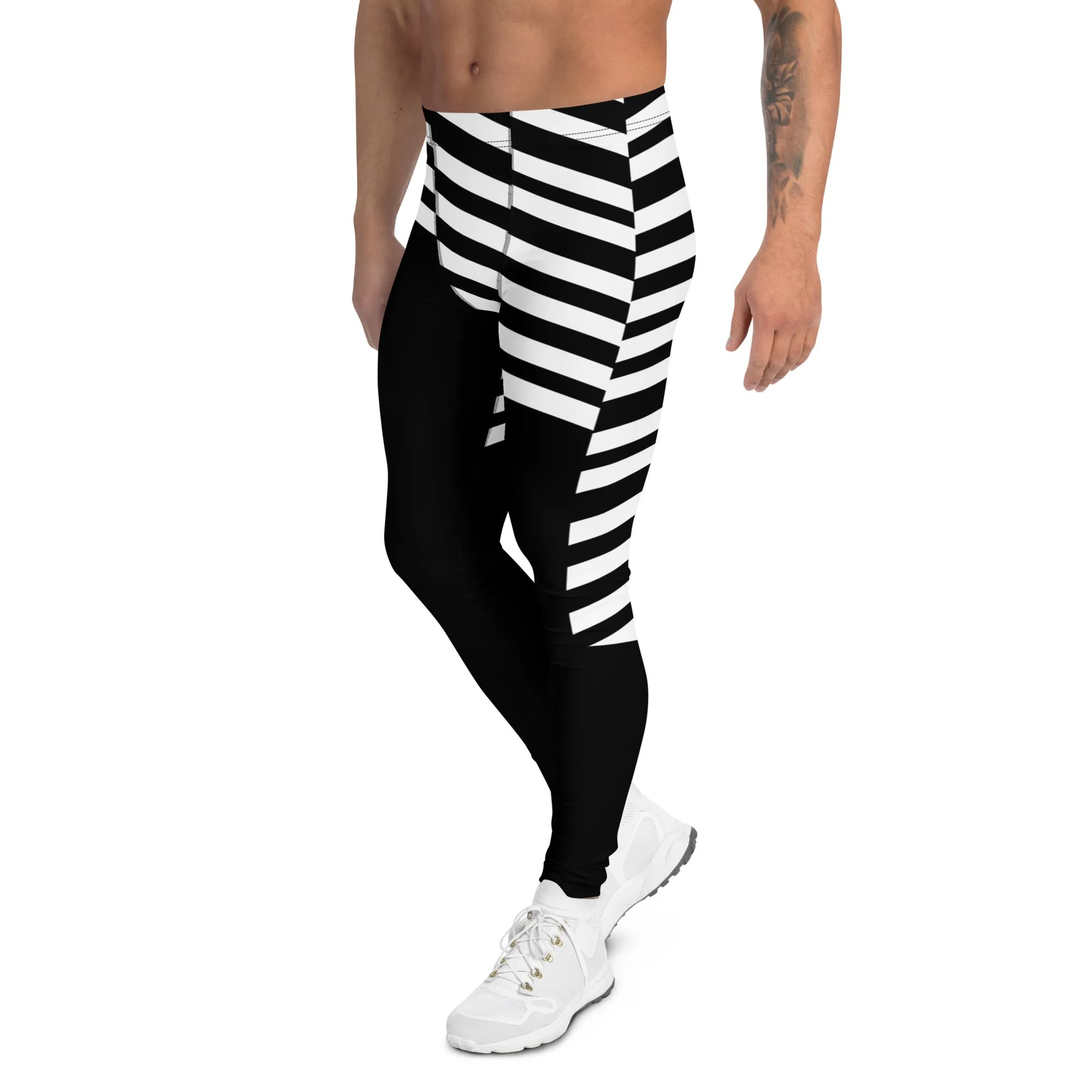 Black White Striped Meggings, Designer Men's Leggings, Designer Minimalist Black White Modern Meggings-Made in USA/EU/MX