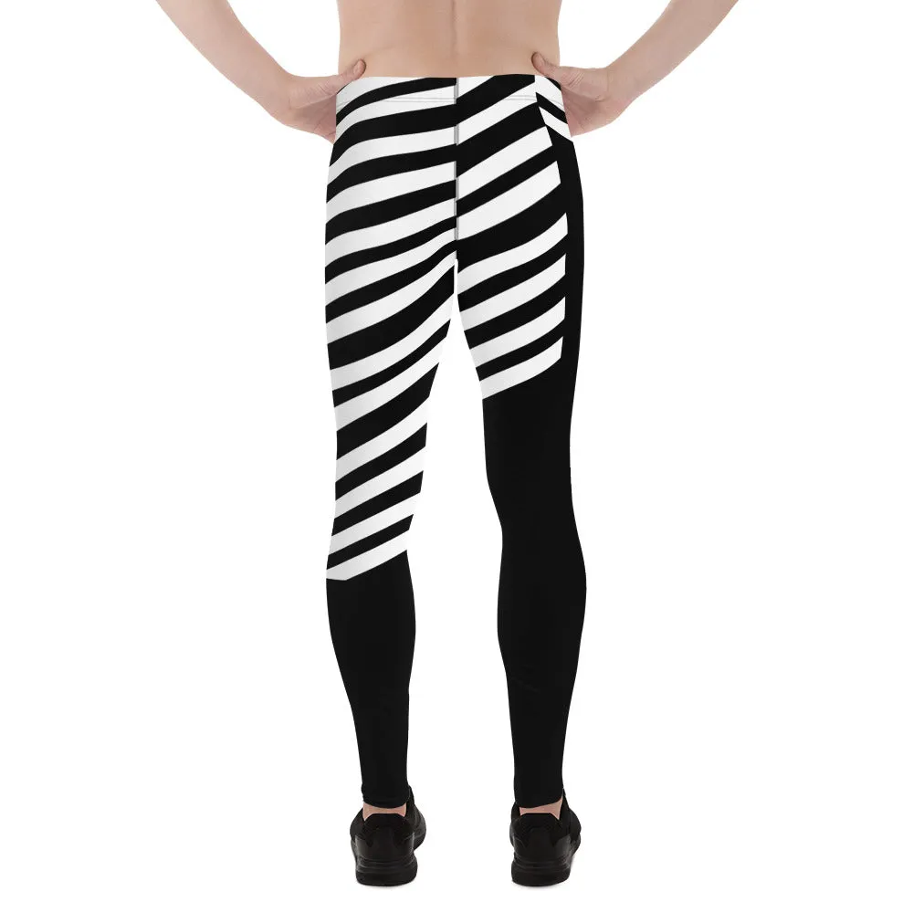 Black White Striped Meggings, Designer Men's Leggings, Designer Minimalist Black White Modern Meggings-Made in USA/EU/MX