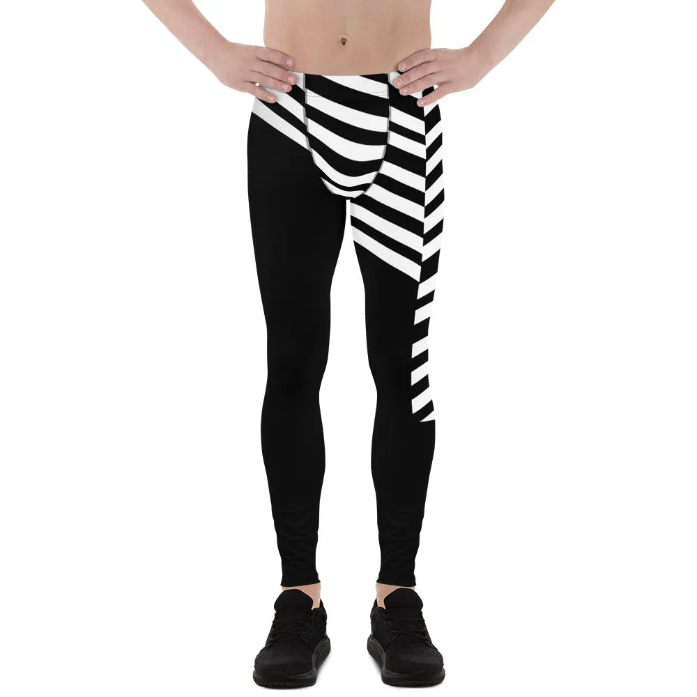 Black White Striped Meggings, Designer Men's Leggings, Designer Minimalist Black White Modern Meggings-Made in USA/EU/MX