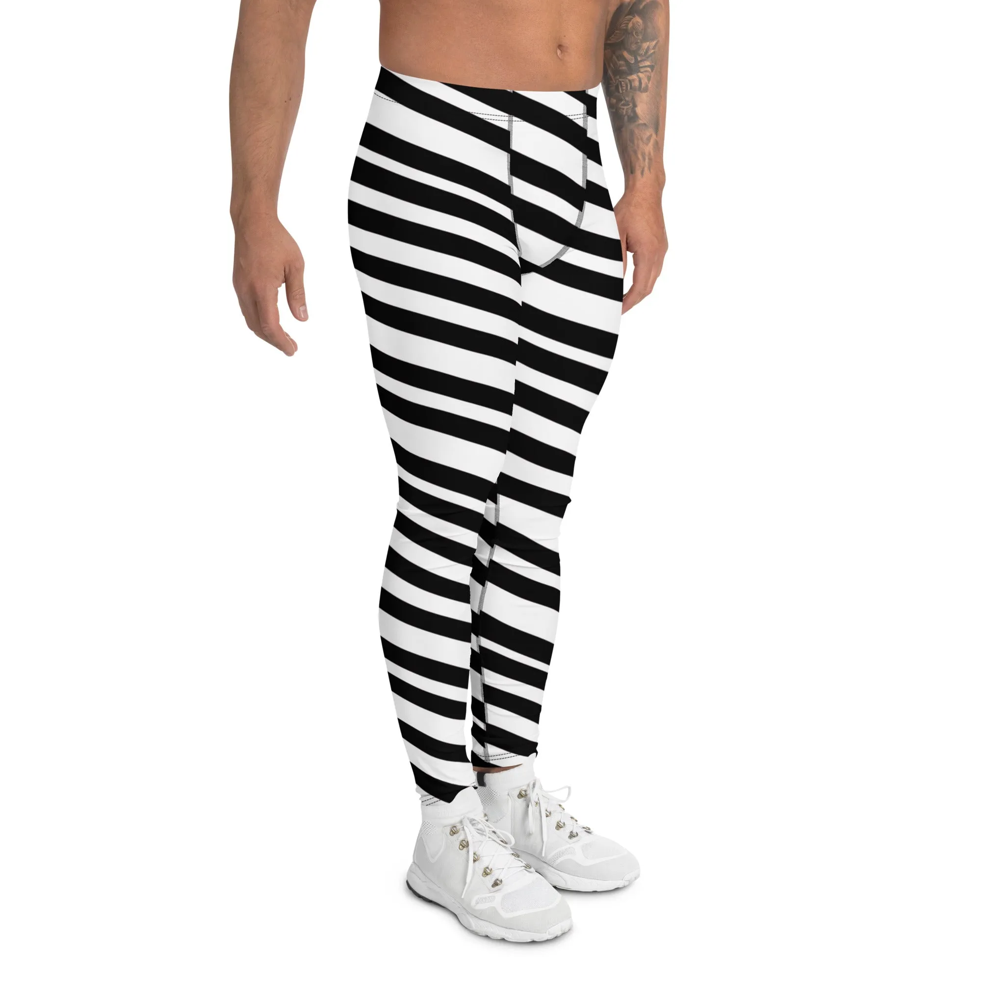 Black White Striped Men's Leggings, Modern Diagonally Stripes Designer Premium Meggings-Made in USA/EU/MX