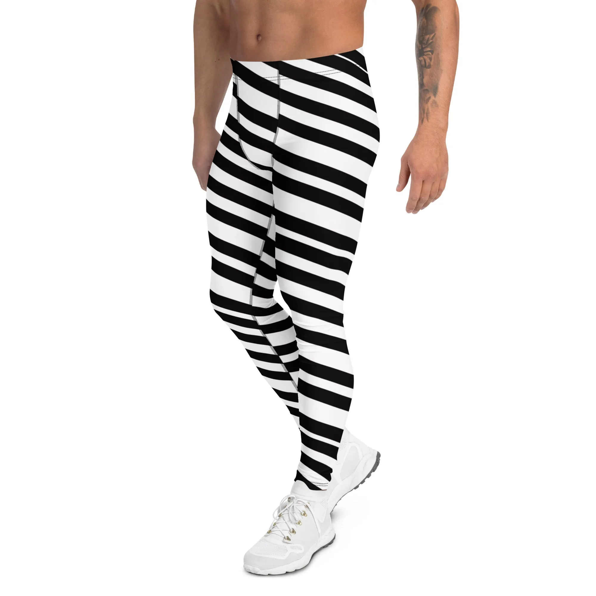 Black White Striped Men's Leggings, Modern Diagonally Stripes Designer Premium Meggings-Made in USA/EU/MX