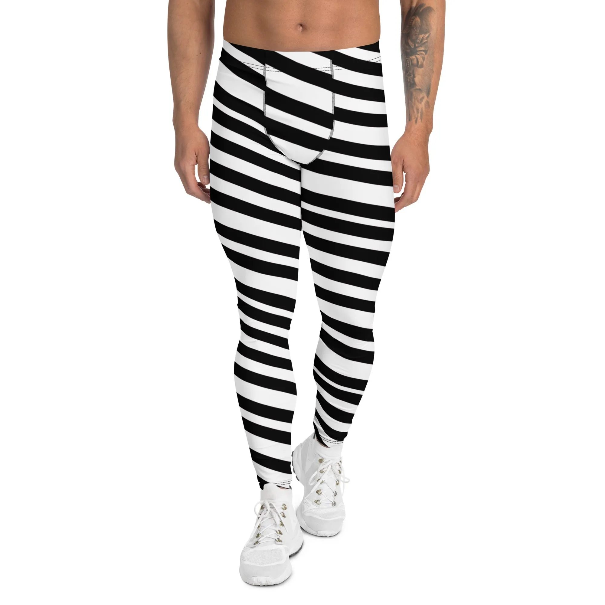 Black White Striped Men's Leggings, Modern Diagonally Stripes Designer Premium Meggings-Made in USA/EU/MX