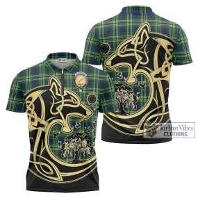 Blackadder Tartan Zipper Polo Shirt with Family Crest Celtic Wolf Style