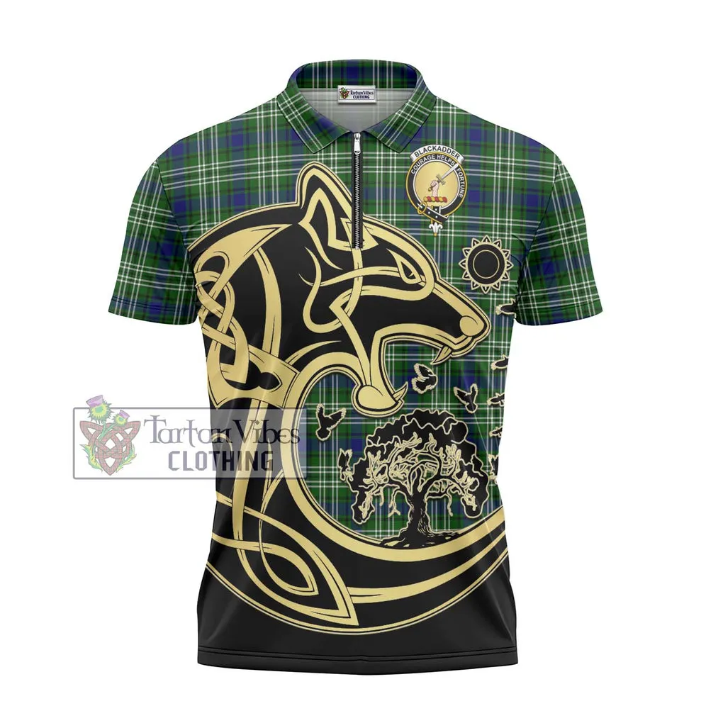 Blackadder Tartan Zipper Polo Shirt with Family Crest Celtic Wolf Style