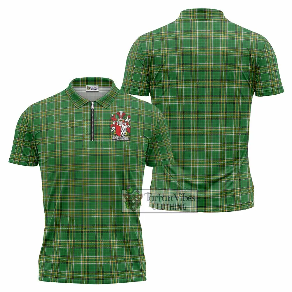 Blanchfield Irish Clan Tartan Zipper Polo Shirt with Coat of Arms