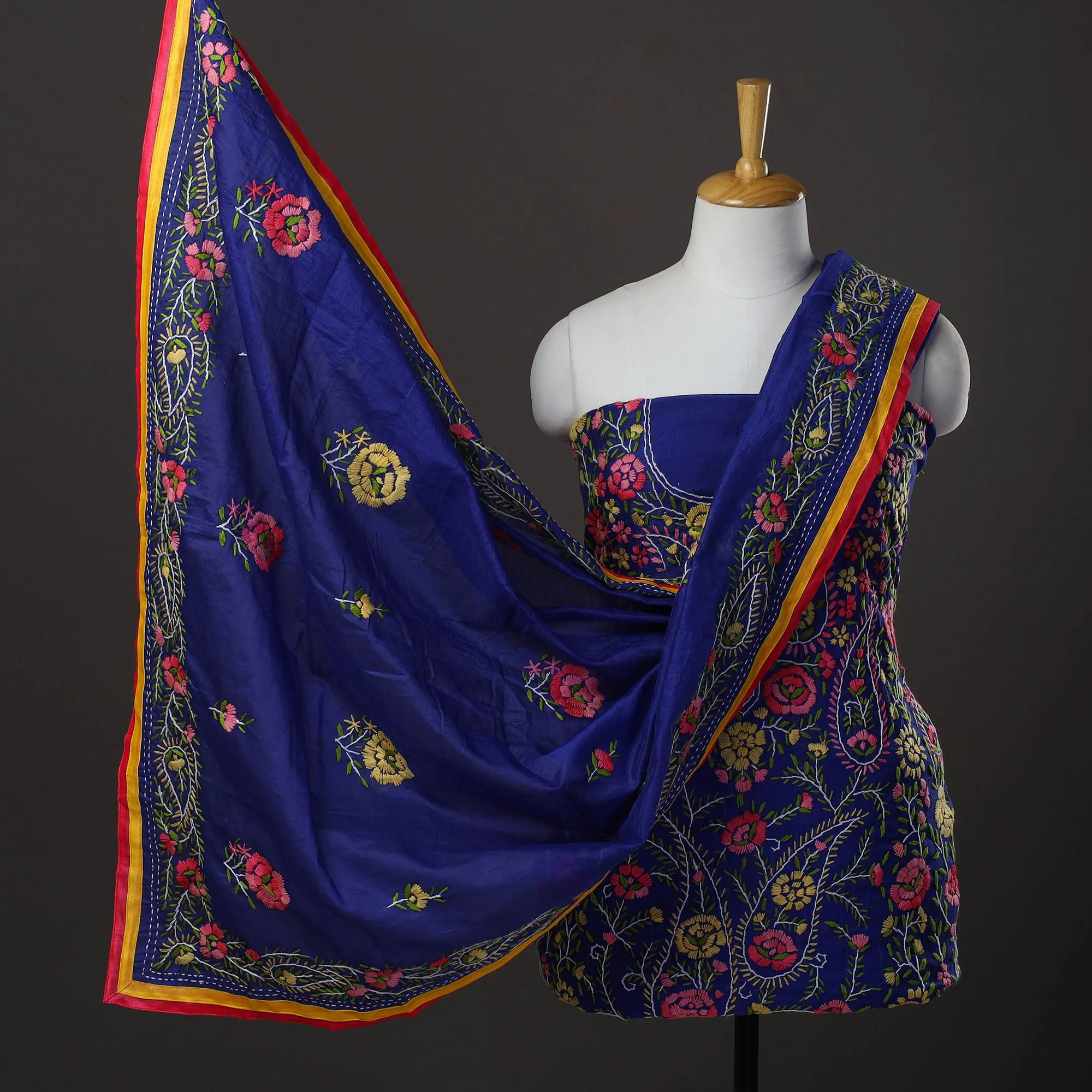 Blue - 3pc Hand Embroidery Chanderi Silk Phulkari Dress Material 52