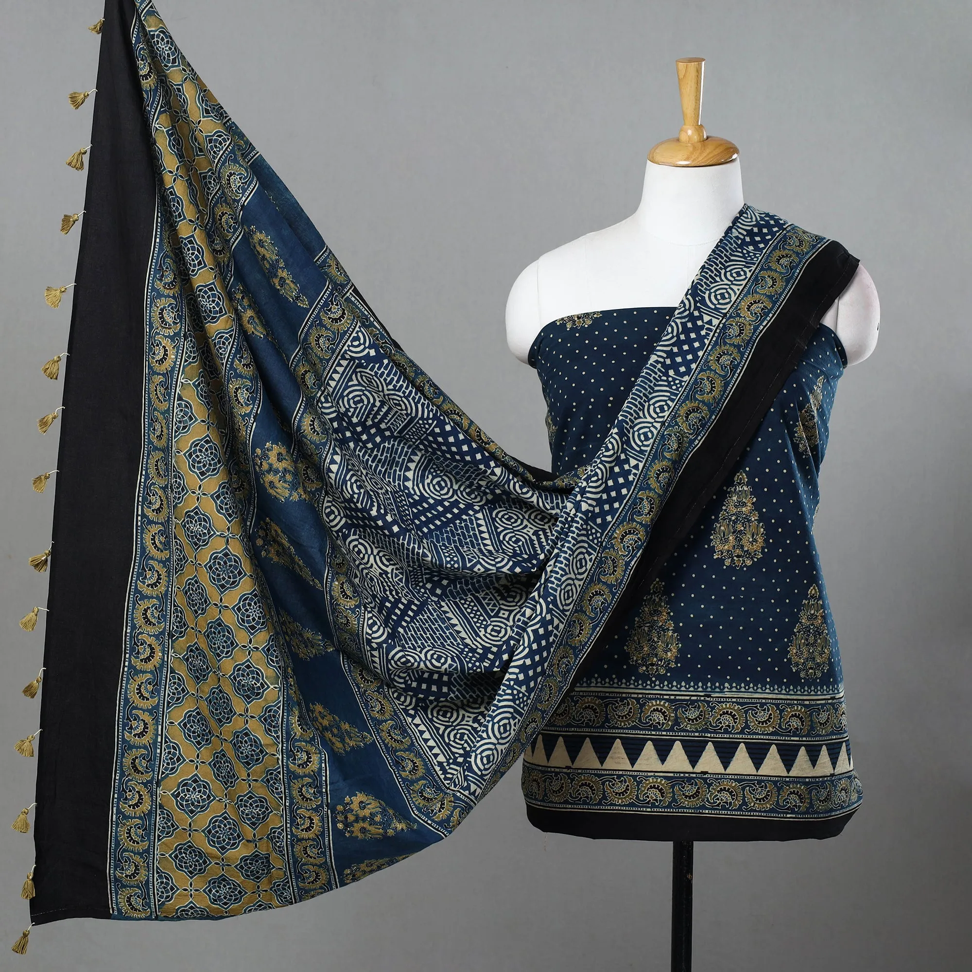 Blue - Hand Block Print Cotton 3pc Ajrakh Dress Material 14