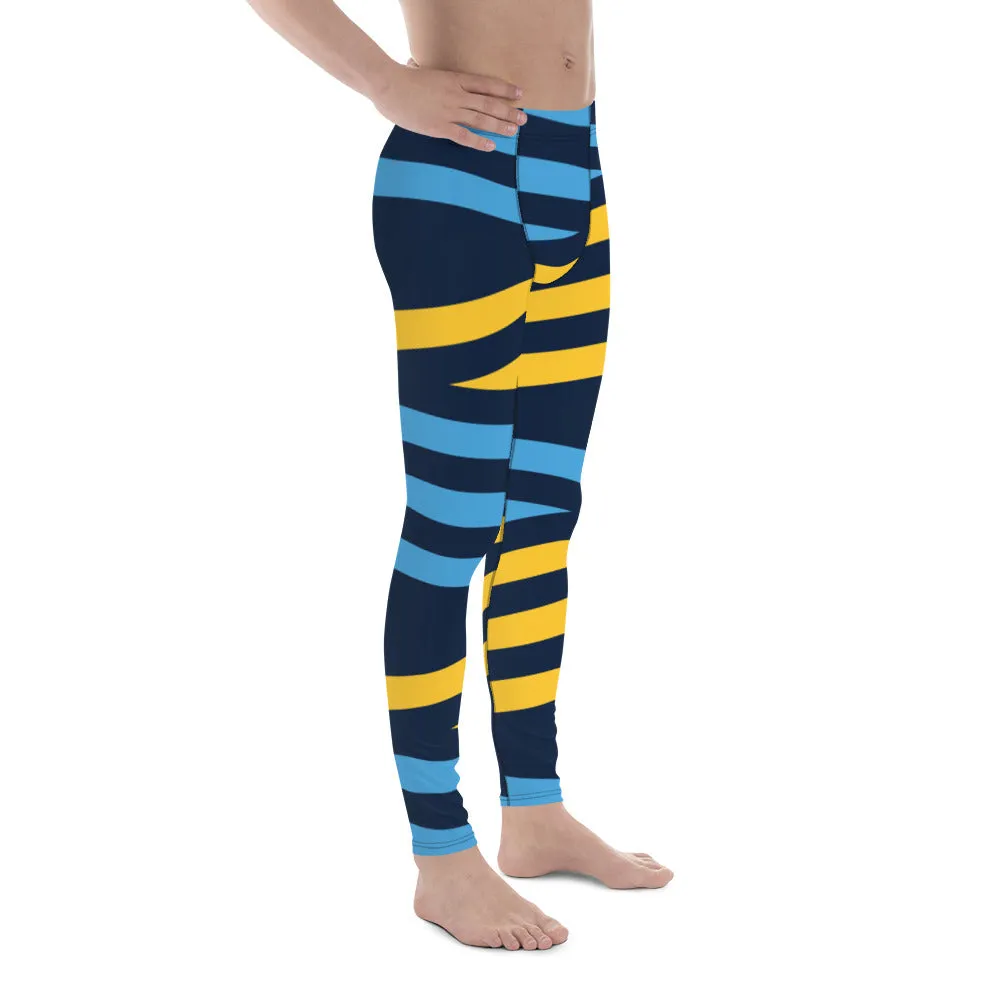 Blue Yellow Striped Men's Leggings, Diagonally Stripes Modern Premium Running Tights For Men