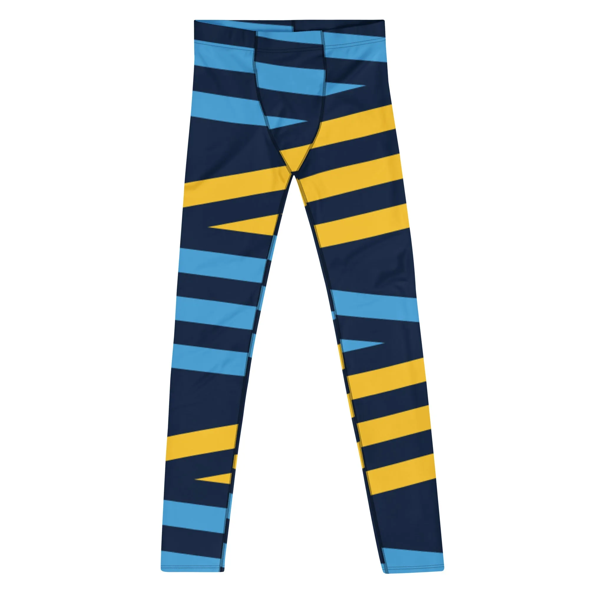 Blue Yellow Striped Men's Leggings, Diagonally Stripes Modern Premium Running Tights For Men