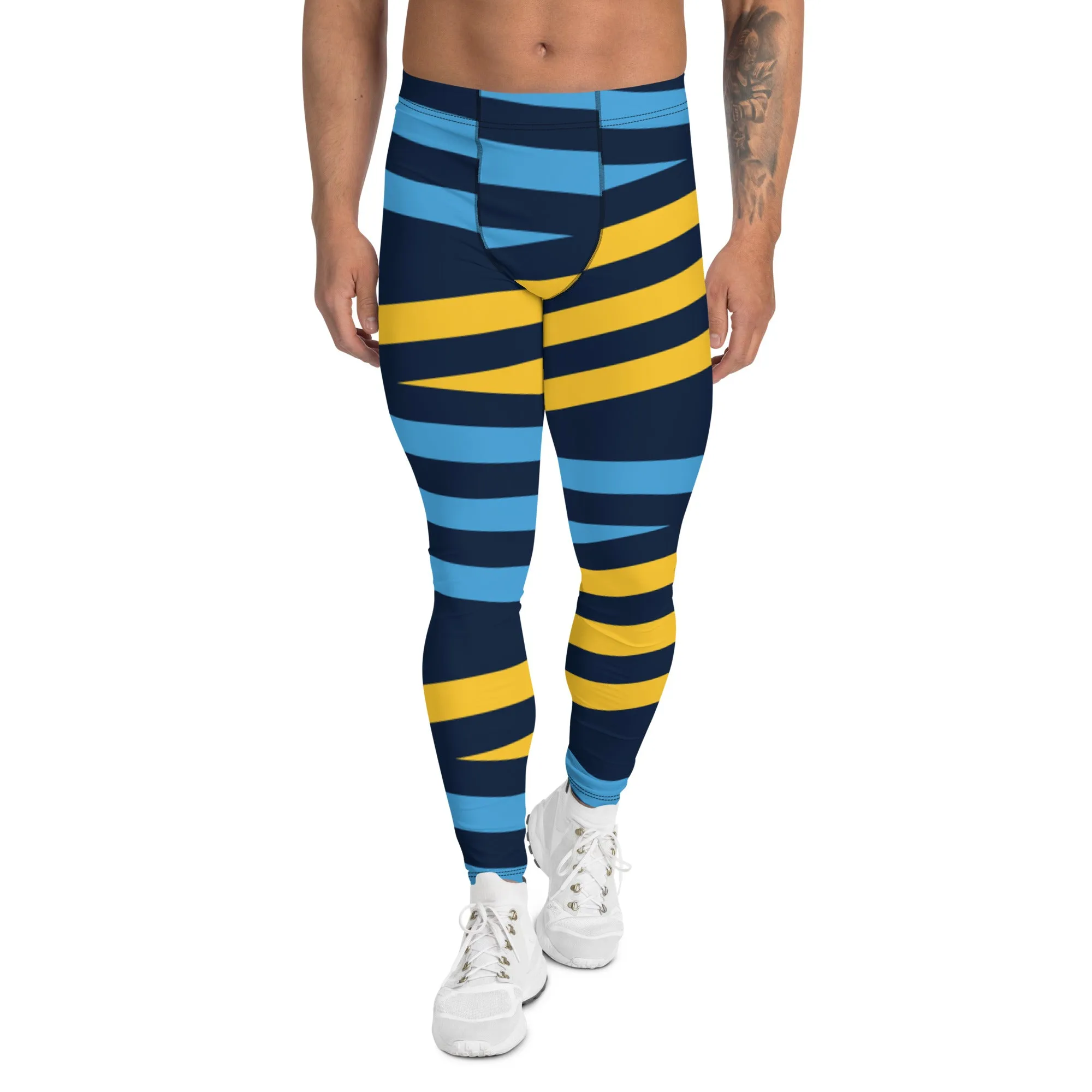 Blue Yellow Striped Men's Leggings, Diagonally Stripes Modern Premium Running Tights For Men