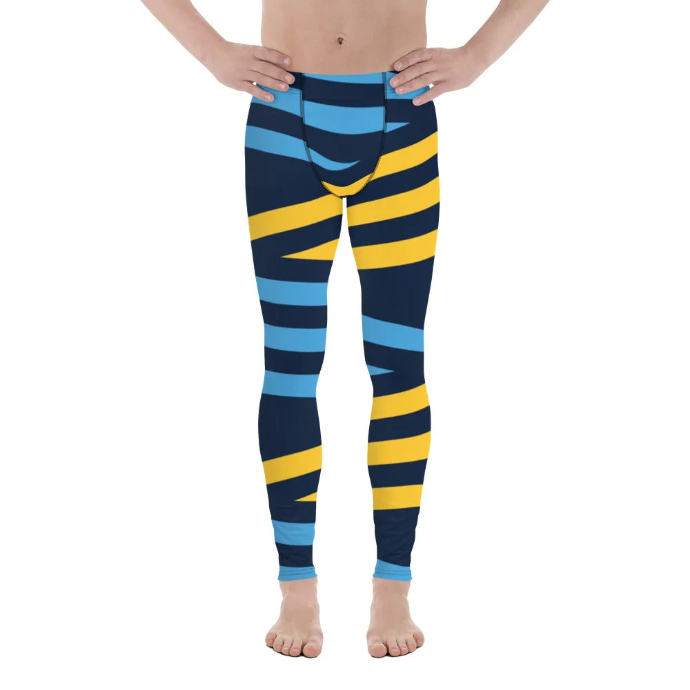 Blue Yellow Striped Men's Leggings, Diagonally Stripes Modern Premium Running Tights For Men