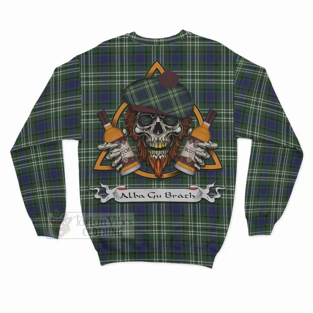 Blyth Tartan Sweatshirt with Family Crest and Bearded Skull Holding Bottles of Whiskey