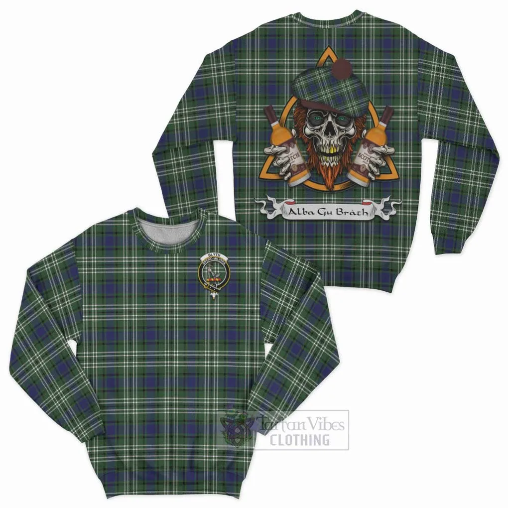 Blyth Tartan Sweatshirt with Family Crest and Bearded Skull Holding Bottles of Whiskey