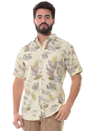 Bohio Men's Short Sleeve Tropical Hibiscus Print Linen Shirt w/Pocket-MLSP1189