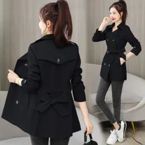 Bonnyshow  New Spring Autumn Trench Coat Women Clothes Slim Long-Sleeved Short Windbreaker With Belt Casual Outwear Female Tops Lining