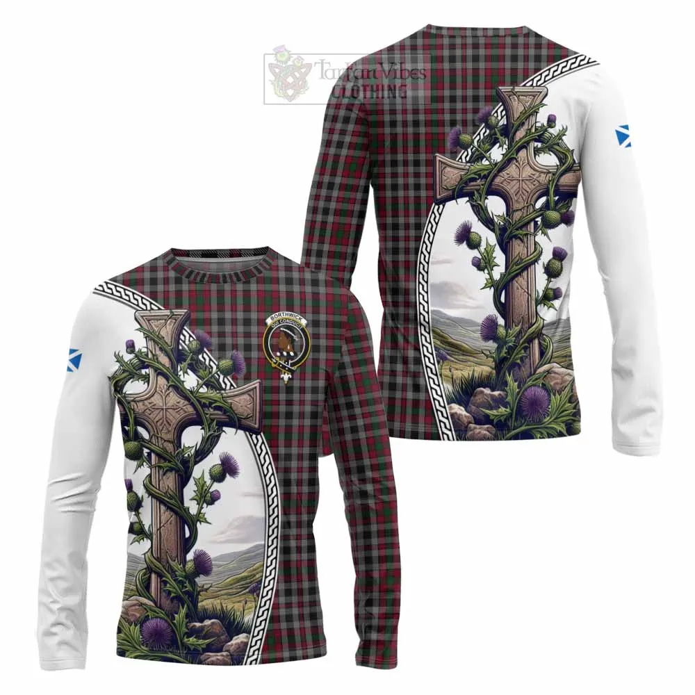 Borthwick Tartan Long Sleeve T-Shirt with Family Crest and St. Andrew's Cross Accented by Thistle Vines