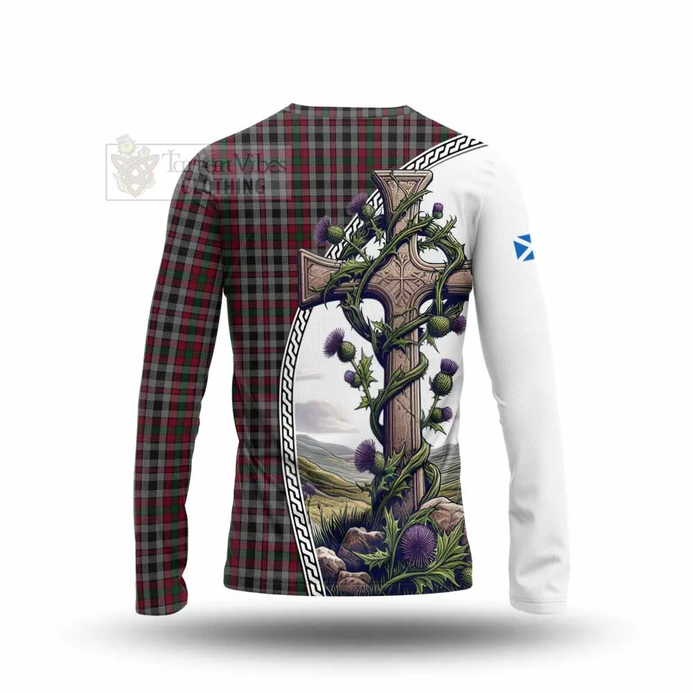 Borthwick Tartan Long Sleeve T-Shirt with Family Crest and St. Andrew's Cross Accented by Thistle Vines