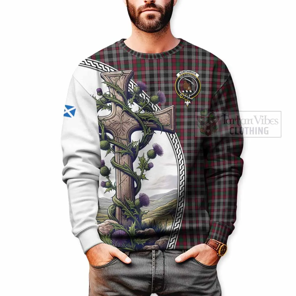 Borthwick Tartan Sweatshirt with Family Crest and St. Andrew's Cross Accented by Thistle Vines