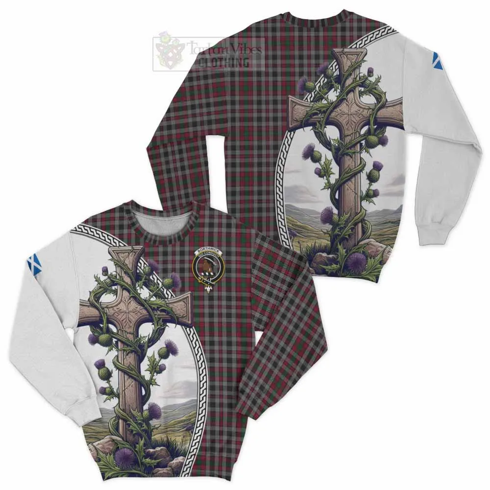 Borthwick Tartan Sweatshirt with Family Crest and St. Andrew's Cross Accented by Thistle Vines