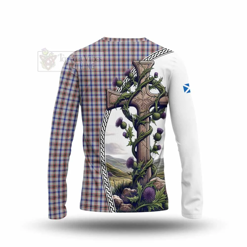 Boswell Tartan Long Sleeve T-Shirt with Family Crest and St. Andrew's Cross Accented by Thistle Vines