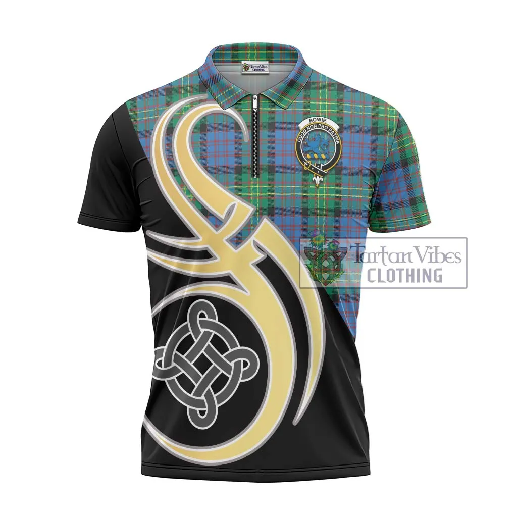 Bowie Ancient Tartan Zipper Polo Shirt with Family Crest and Celtic Symbol Style