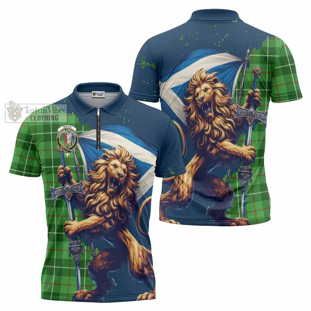 Boyle Tartan Family Crest Zipper Polo Shirt with Scottish Majestic Lion