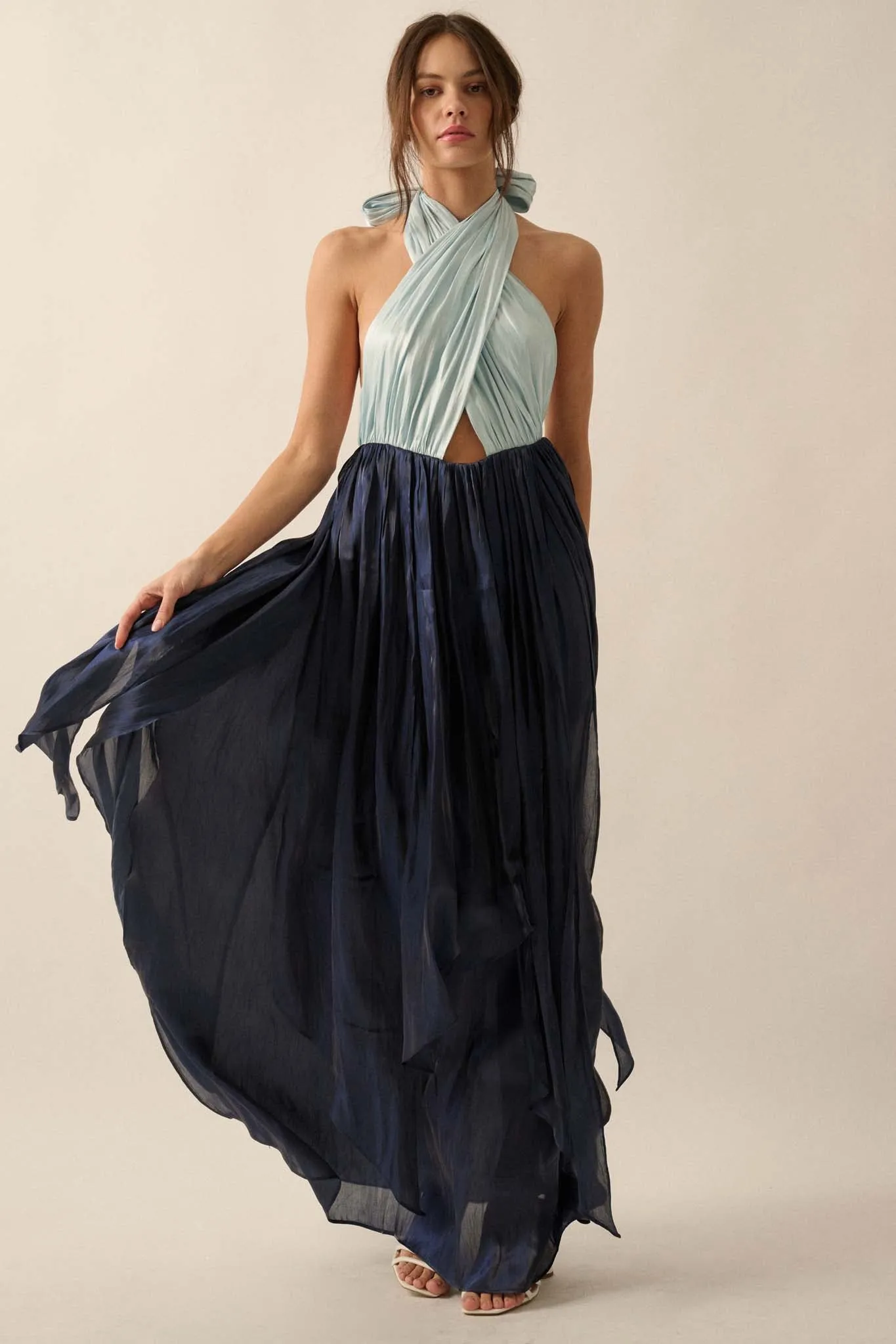 Breaking Waves Satin Cross-Front Halter Maxi Dress