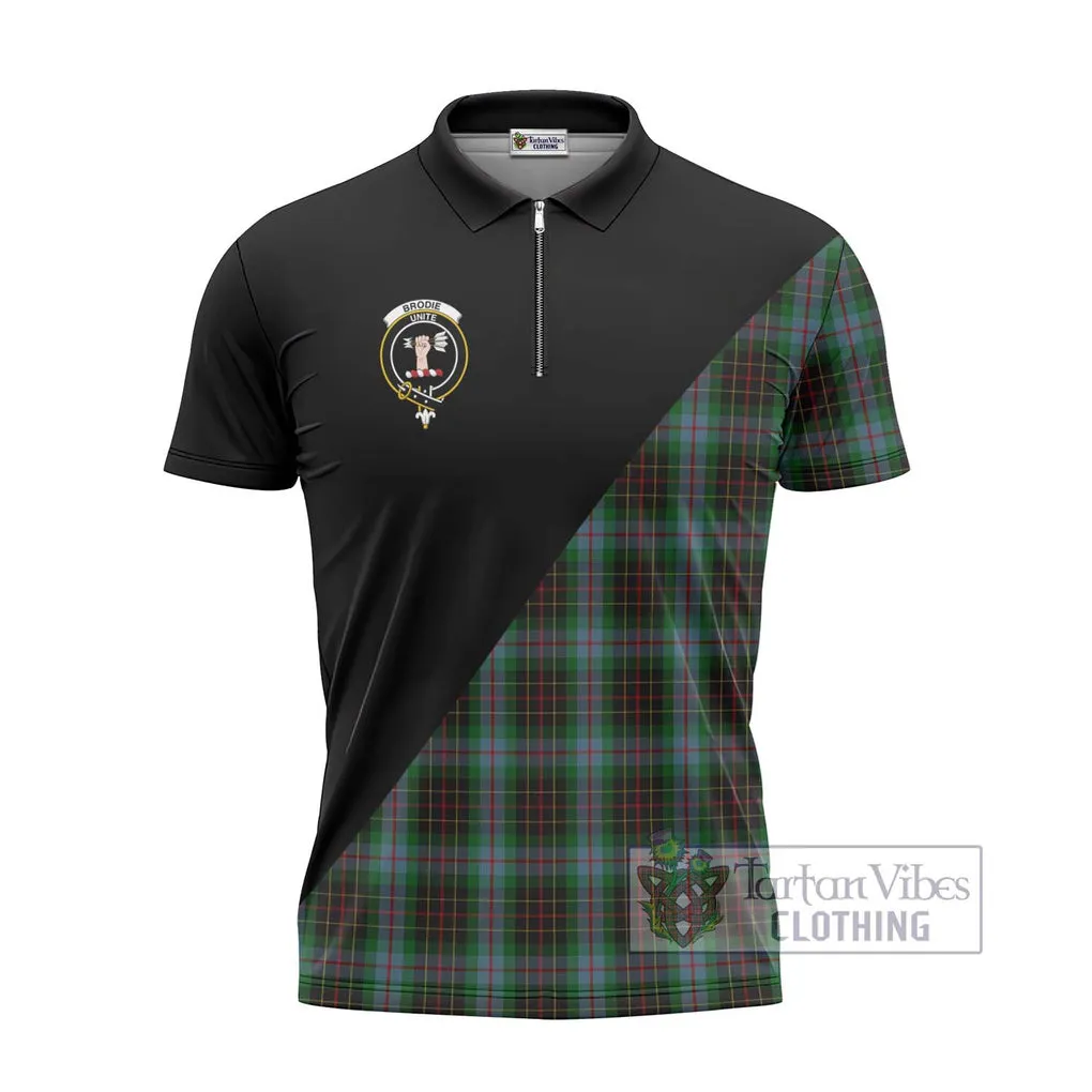 Brodie Hunting Tartan Zipper Polo Shirt with Family Crest and Military Logo Style