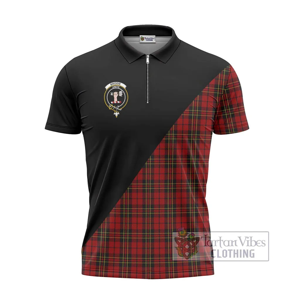 Brodie Tartan Zipper Polo Shirt with Family Crest and Military Logo Style