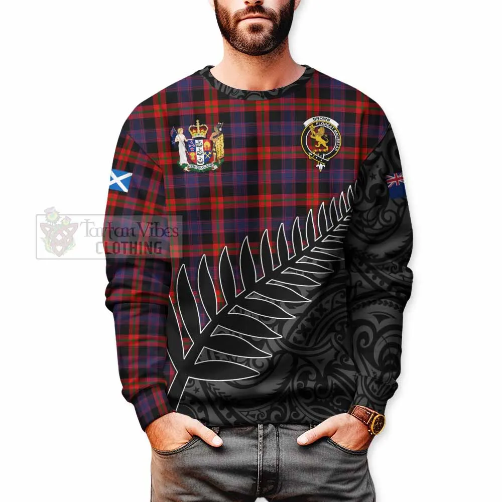 Brown (Broun) Crest Tartan Sweatshirt with New Zealand Silver Fern Half Style