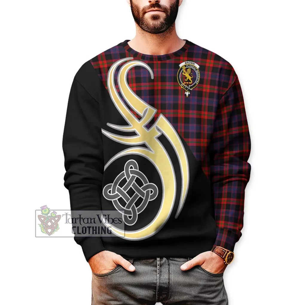 Brown (Broun) Tartan Sweatshirt with Family Crest and Celtic Symbol Style