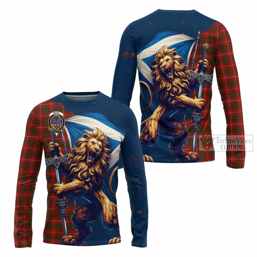 Bruce Tartan Family Crest Long Sleeve T-Shirt with Scottish Majestic Lion