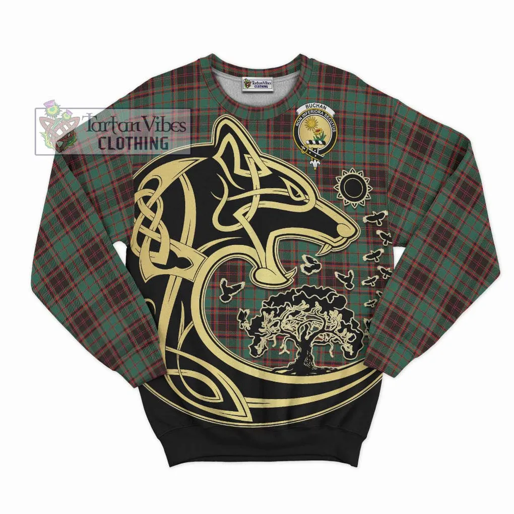 Buchan Ancient Tartan Sweatshirt with Family Crest Celtic Wolf Style