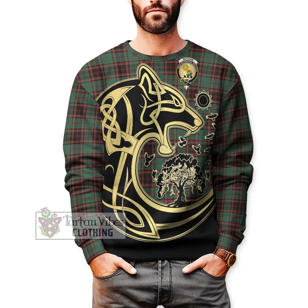 Buchan Ancient Tartan Sweatshirt with Family Crest Celtic Wolf Style