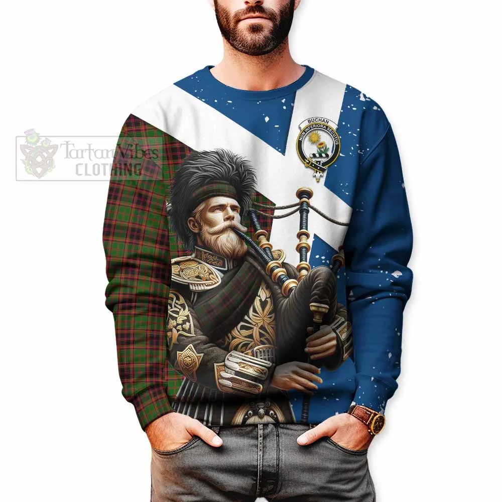 Buchan Tartan Sweatshirt with Family Crest Scottish Bagpiper Vibes