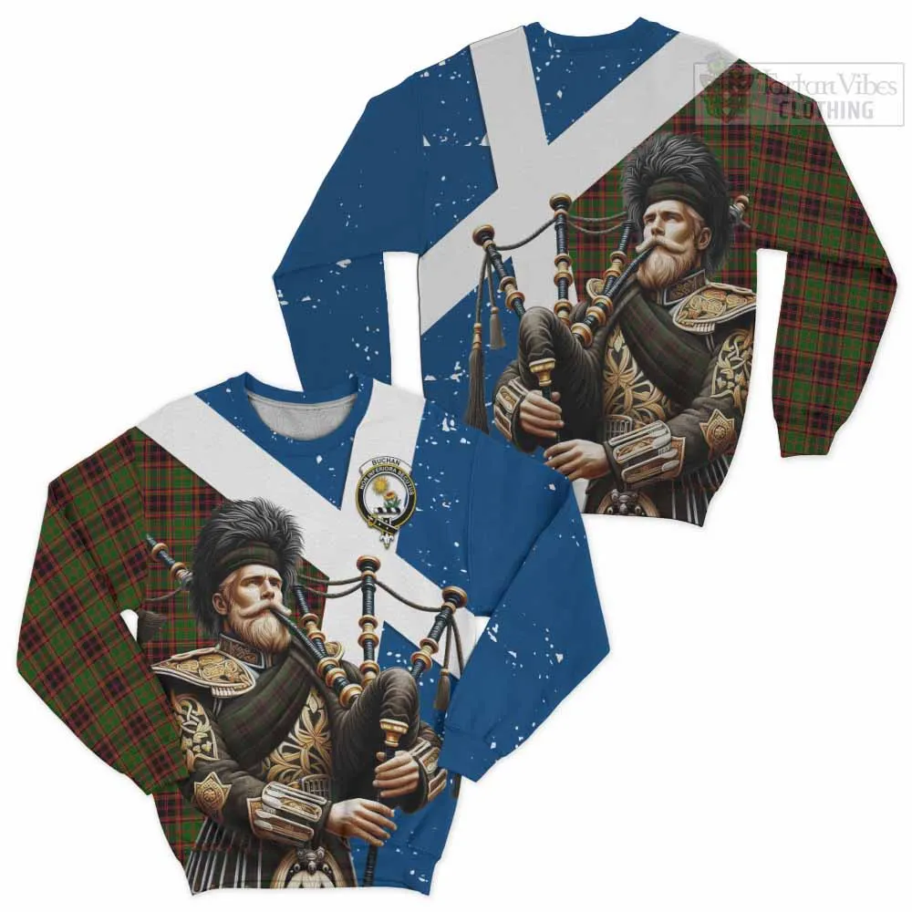 Buchan Tartan Sweatshirt with Family Crest Scottish Bagpiper Vibes