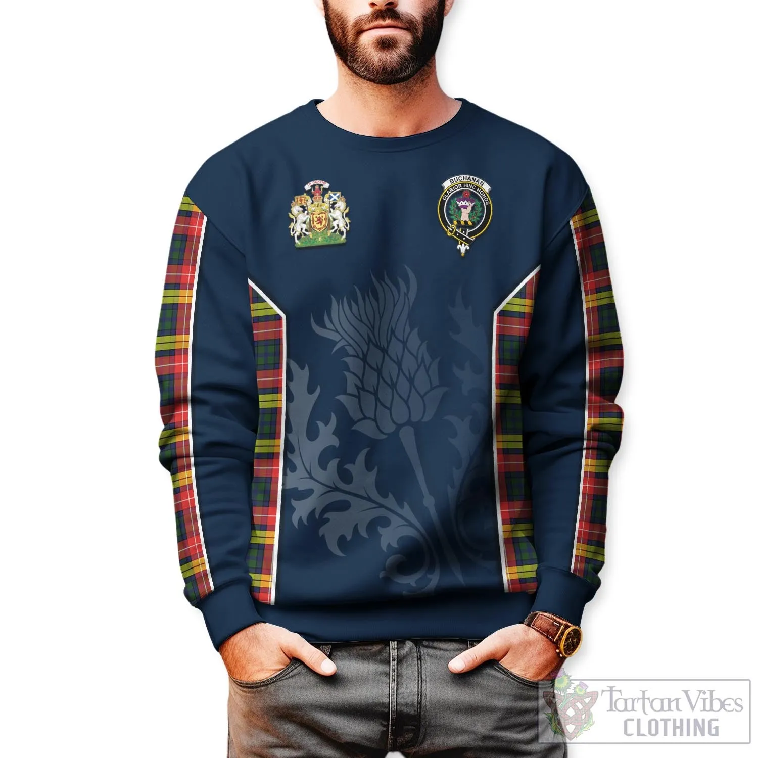 Buchanan Modern Tartan Sweatshirt with Family Crest and Scottish Thistle Vibes Sport Style