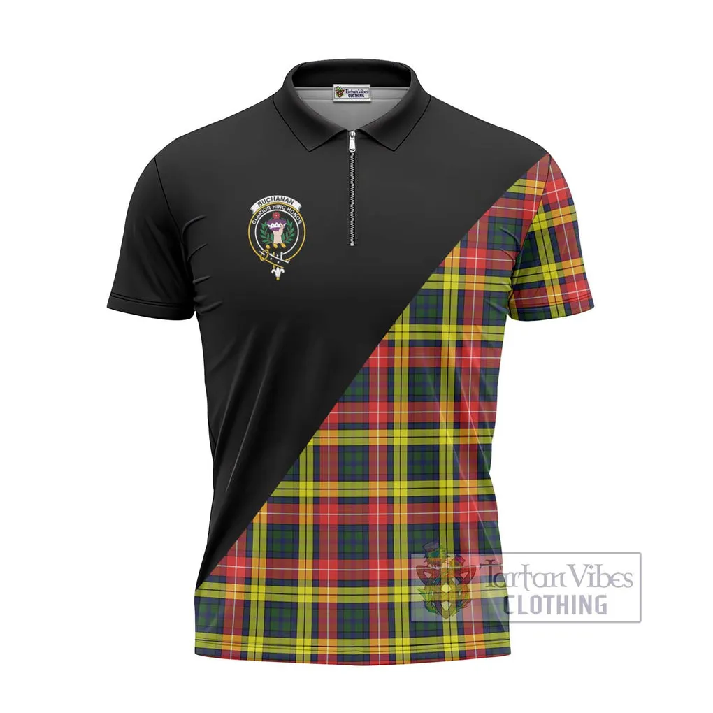 Buchanan Modern Tartan Zipper Polo Shirt with Family Crest and Military Logo Style