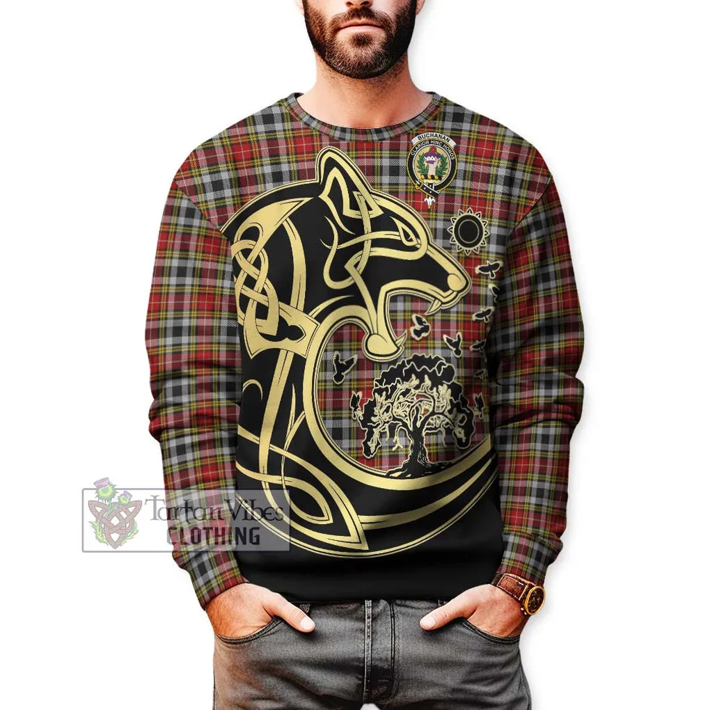 Buchanan Old Dress Tartan Sweatshirt with Family Crest Celtic Wolf Style