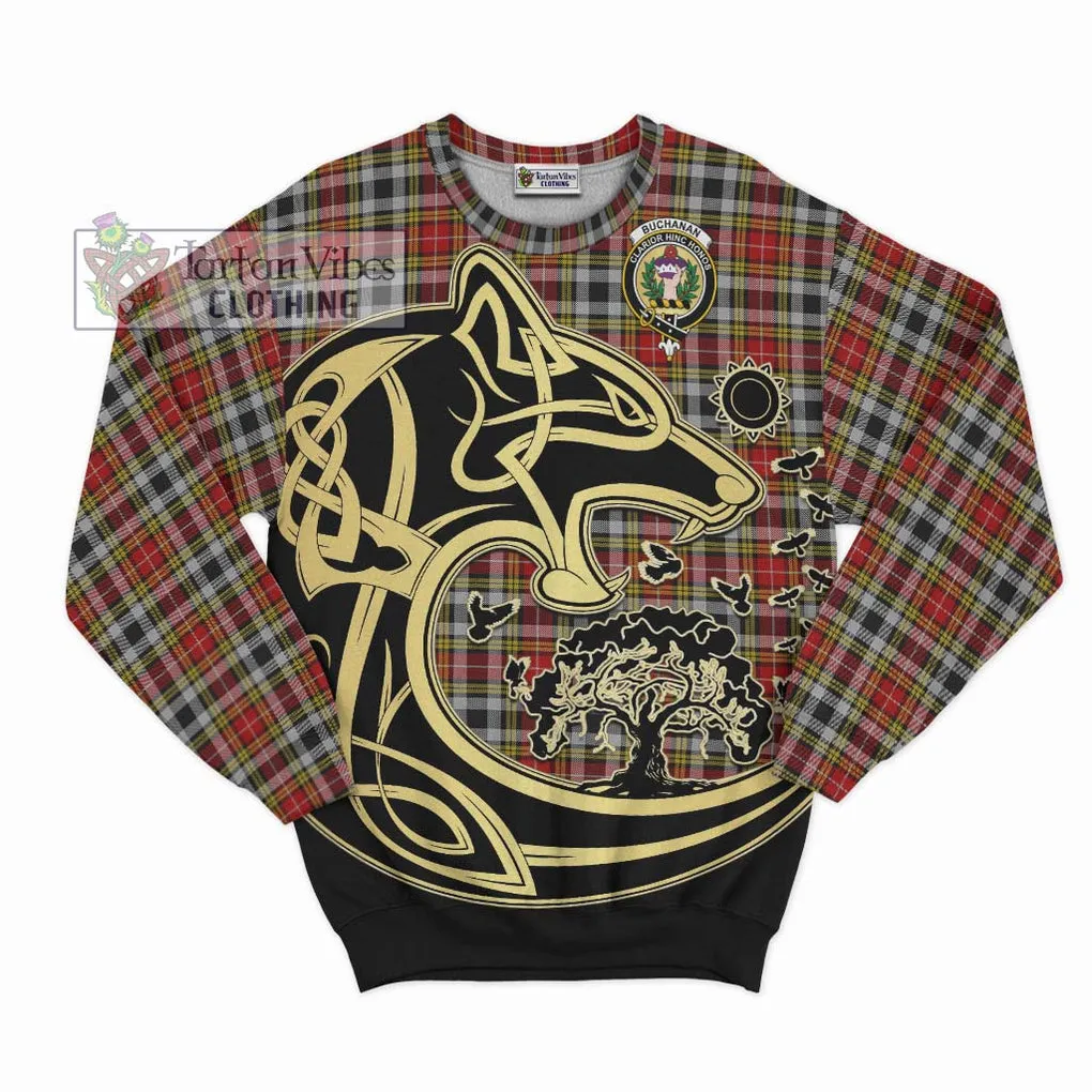 Buchanan Old Dress Tartan Sweatshirt with Family Crest Celtic Wolf Style