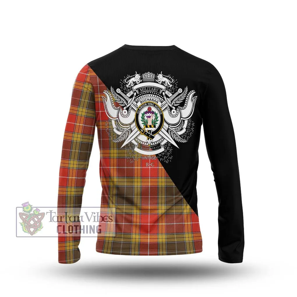 Buchanan Old Set Weathered Tartan Long Sleeve T-Shirt with Family Crest and Military Logo Style