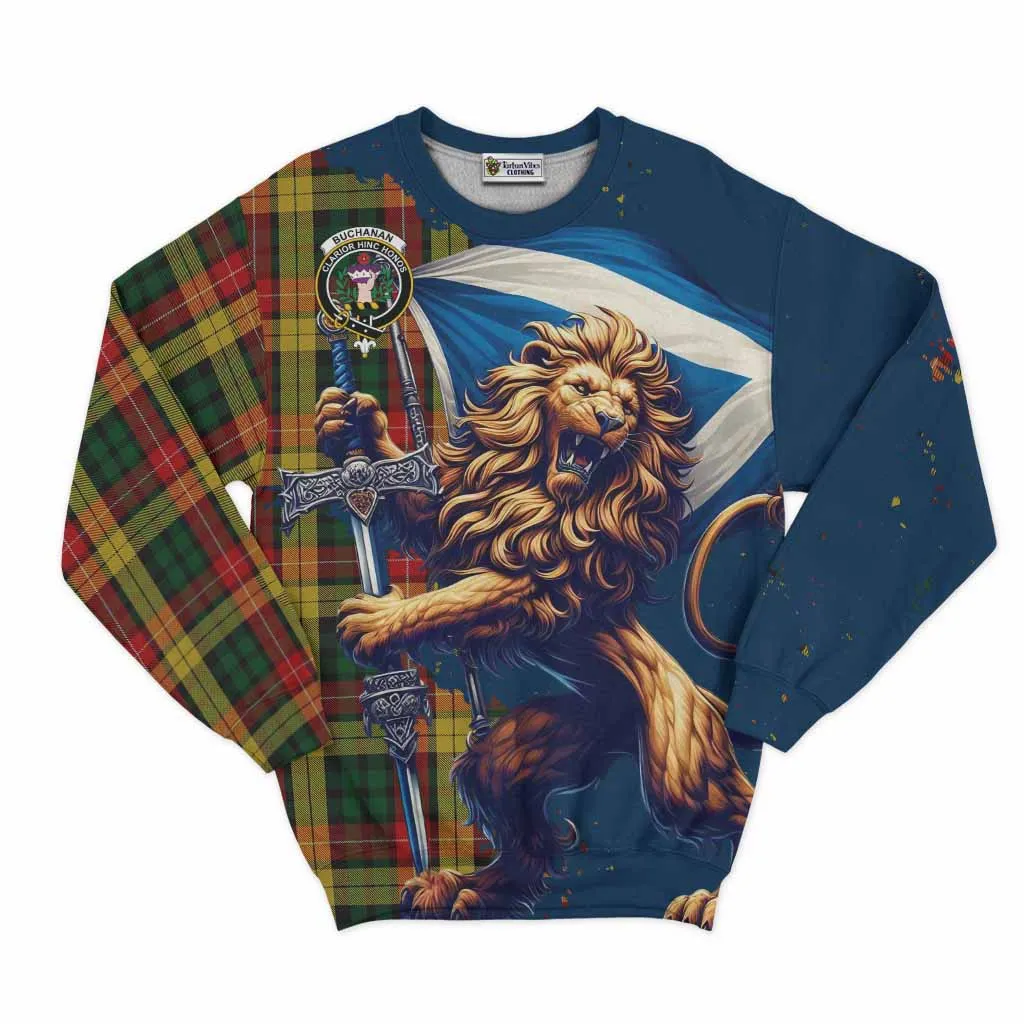 Buchanan Tartan Family Crest Sweatshirt with Scottish Majestic Lion