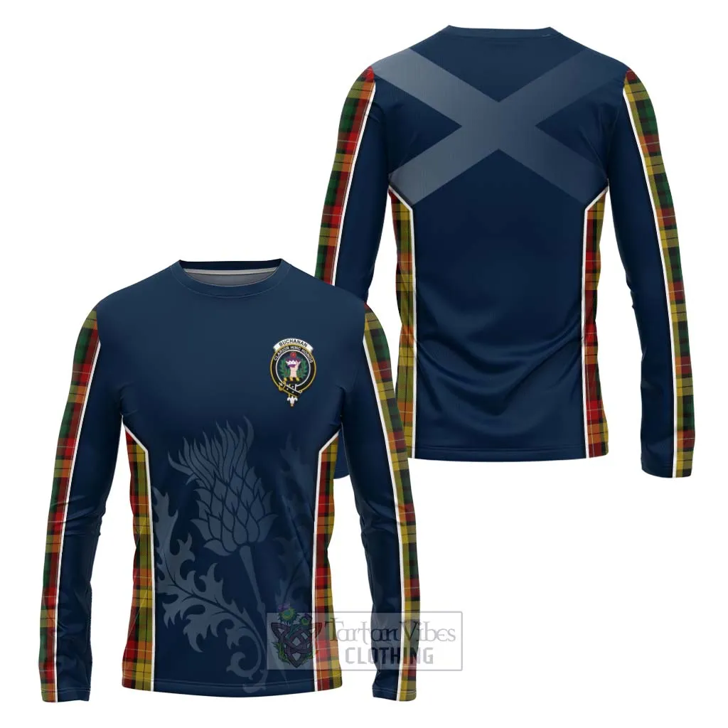 Buchanan Tartan Long Sleeve T-Shirt with Family Crest and Scottish Thistle Vibes Sport Style