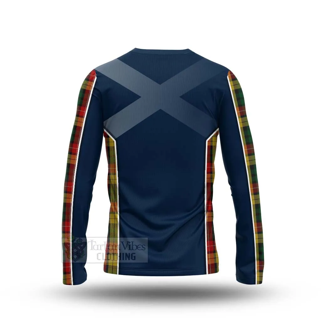 Buchanan Tartan Long Sleeve T-Shirt with Family Crest and Scottish Thistle Vibes Sport Style