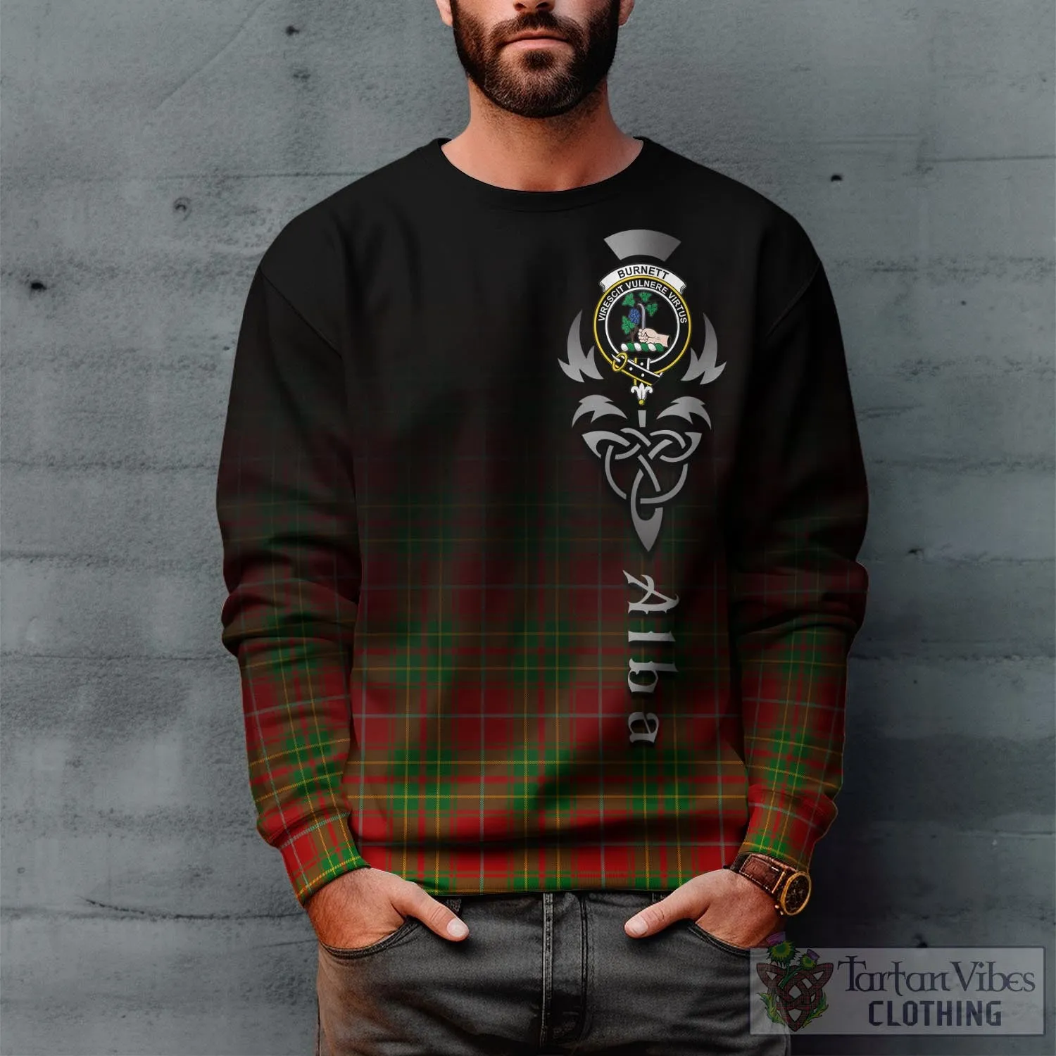 Burnett Tartan Sweatshirt Featuring Alba Gu Brath Family Crest Celtic Inspired