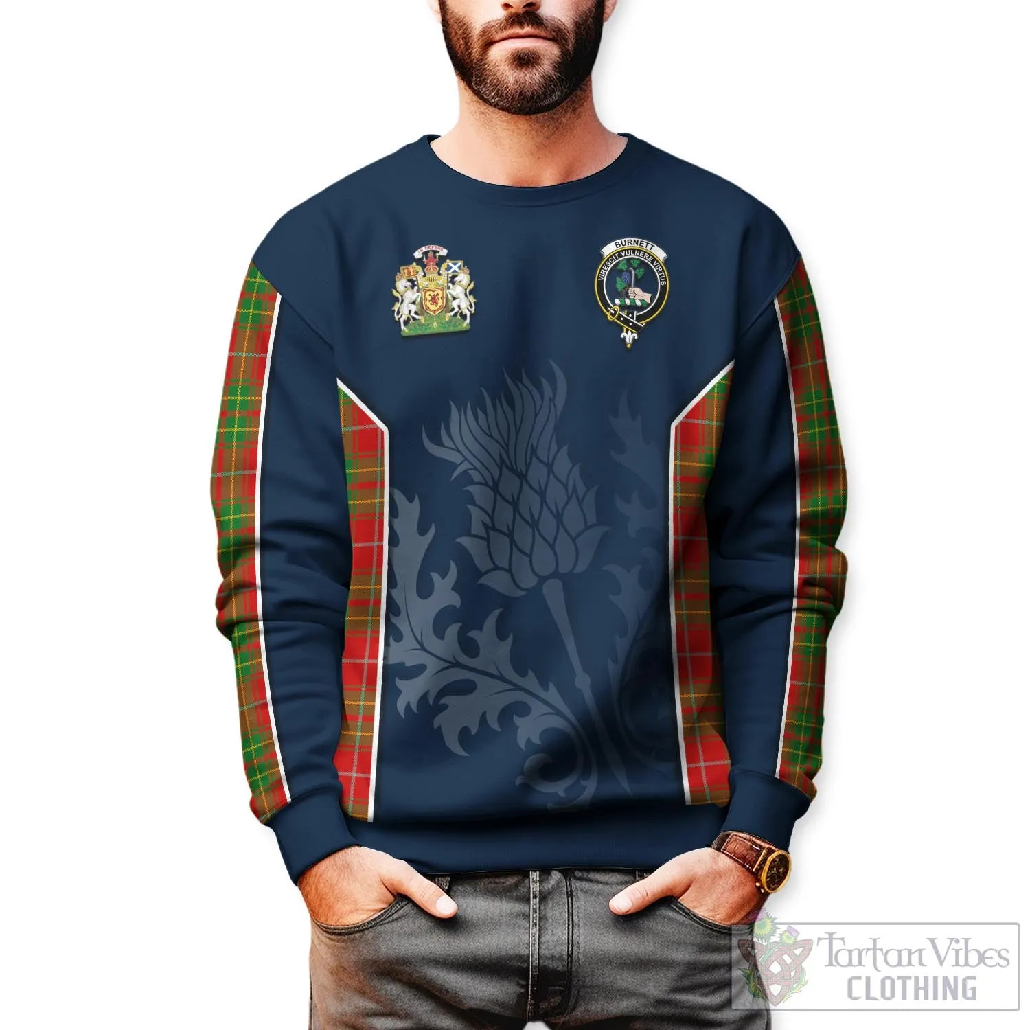 Burnett Tartan Sweatshirt with Family Crest and Scottish Thistle Vibes Sport Style