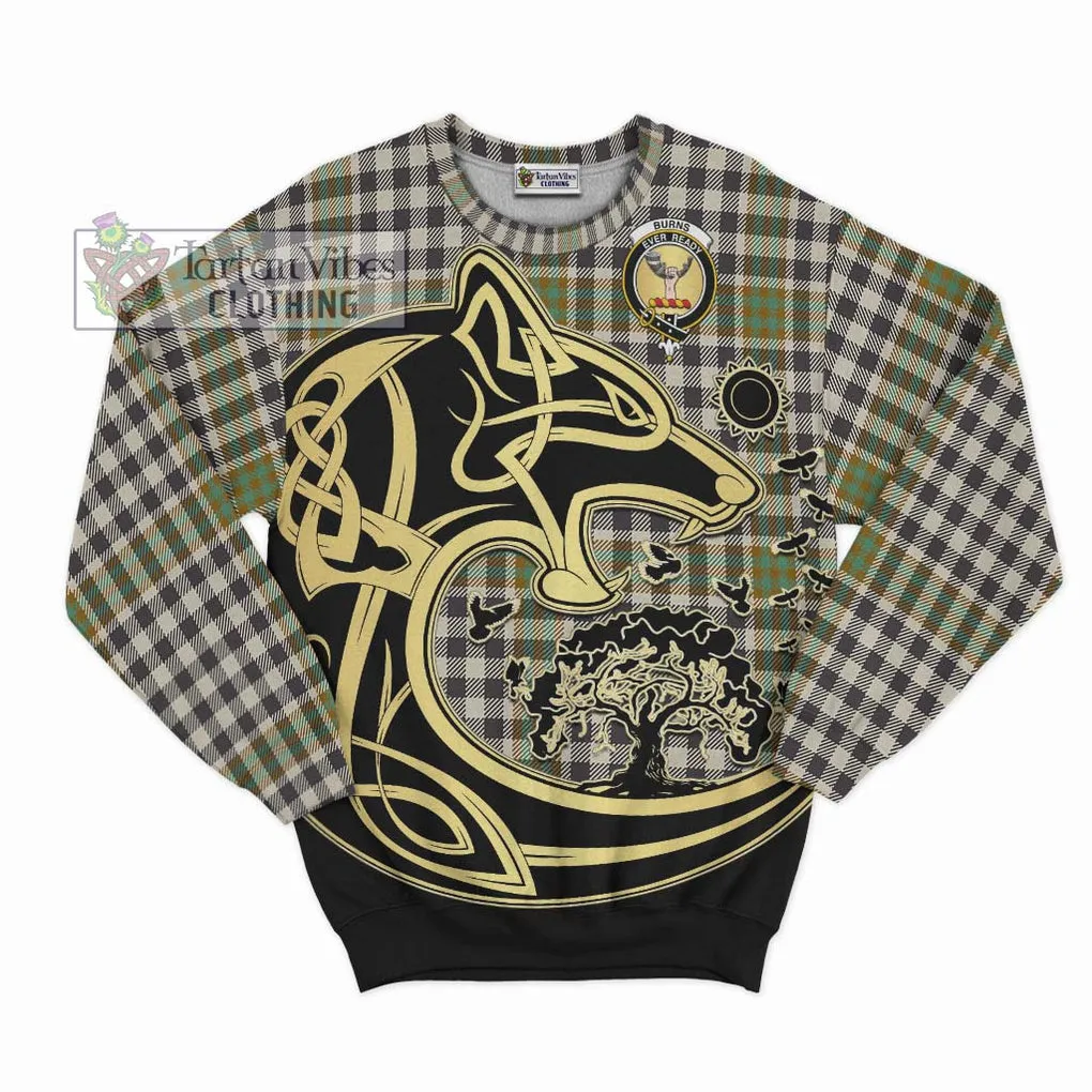 Burns Check Tartan Sweatshirt with Family Crest Celtic Wolf Style