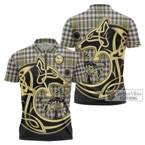 Burns Check Tartan Zipper Polo Shirt with Family Crest Celtic Wolf Style