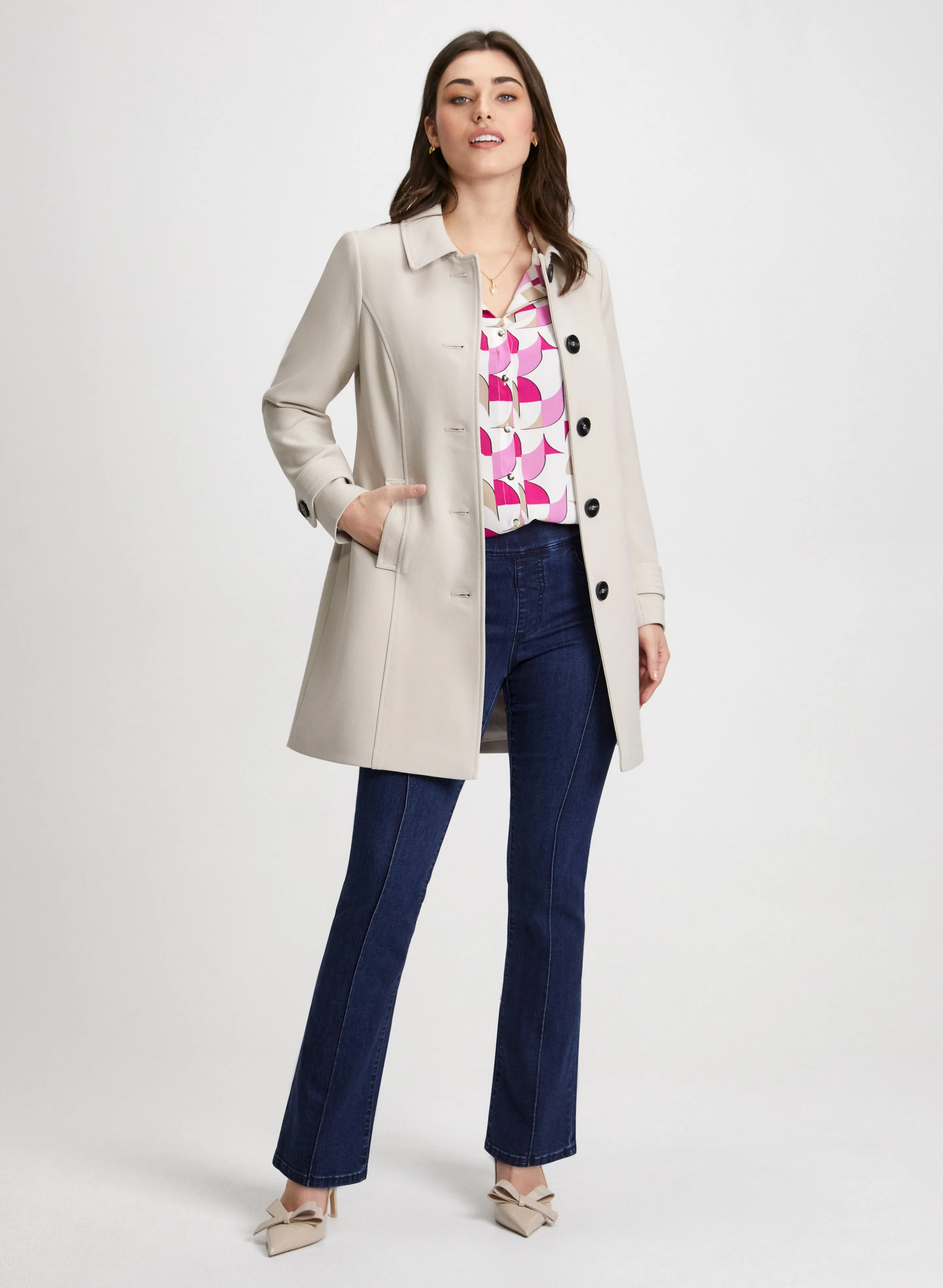 Button Front Tricotine Coat & Bootcut Jeans